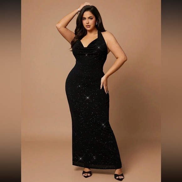 Plus Size Women Net Yarn Rhinestone Halter Backless Elegant Party Dress 4X (20) - Picture 6 of 15